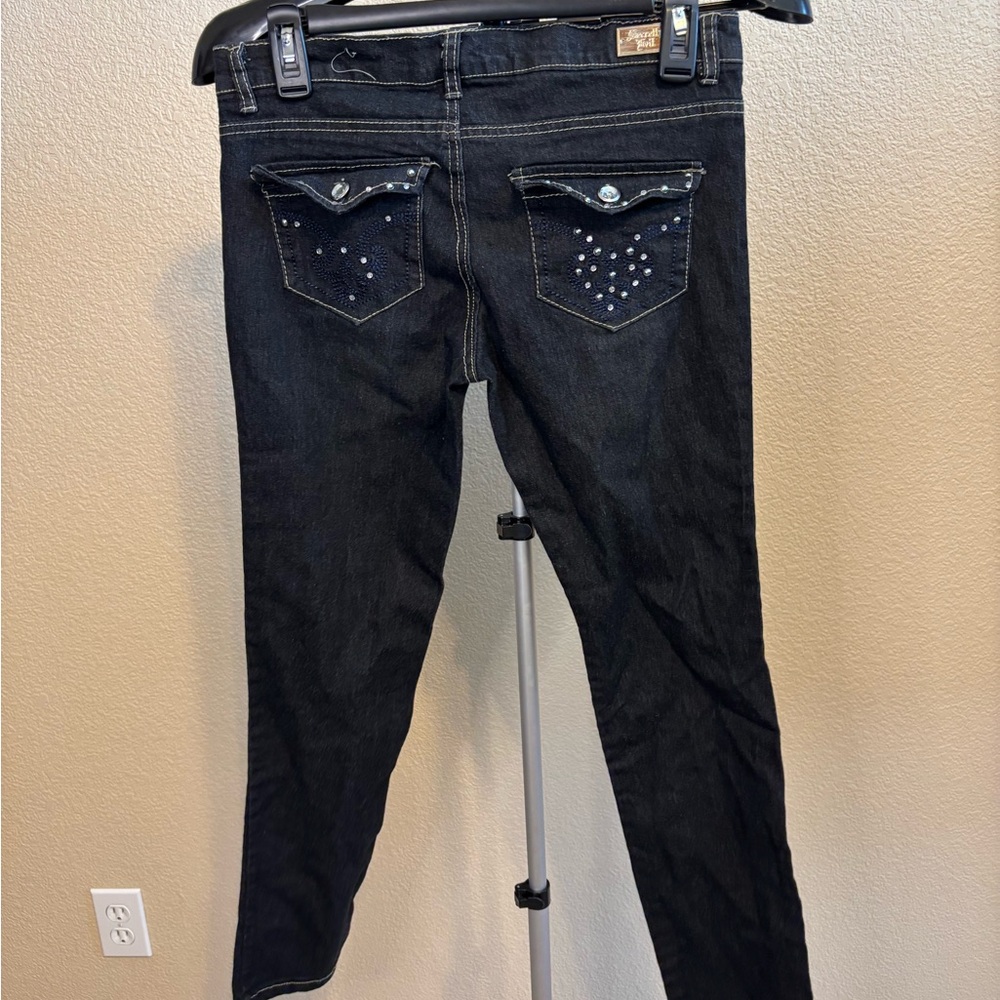 Y2K Secretly Evil Dark Wash‎ Skinny Jeans Rhinestone Flap Pockets Size 9